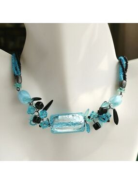 Murano Silver Foil Bead Necklace and Earring Set Turquoise Black